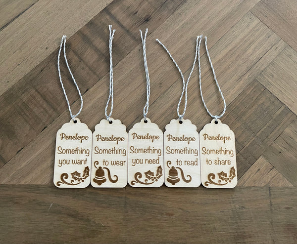 Something you Need, Want, Read, Wear, Do Engraved Wooden Christmas Gift Tag  Set of 5